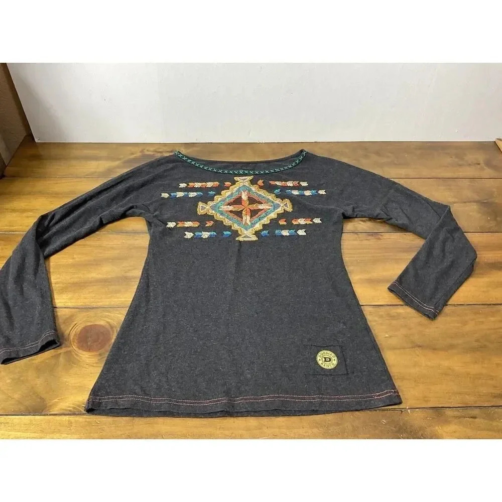 Double D Ranch Size XS Embroidered Thunderbird Long Sleeve 100% Cotton Top